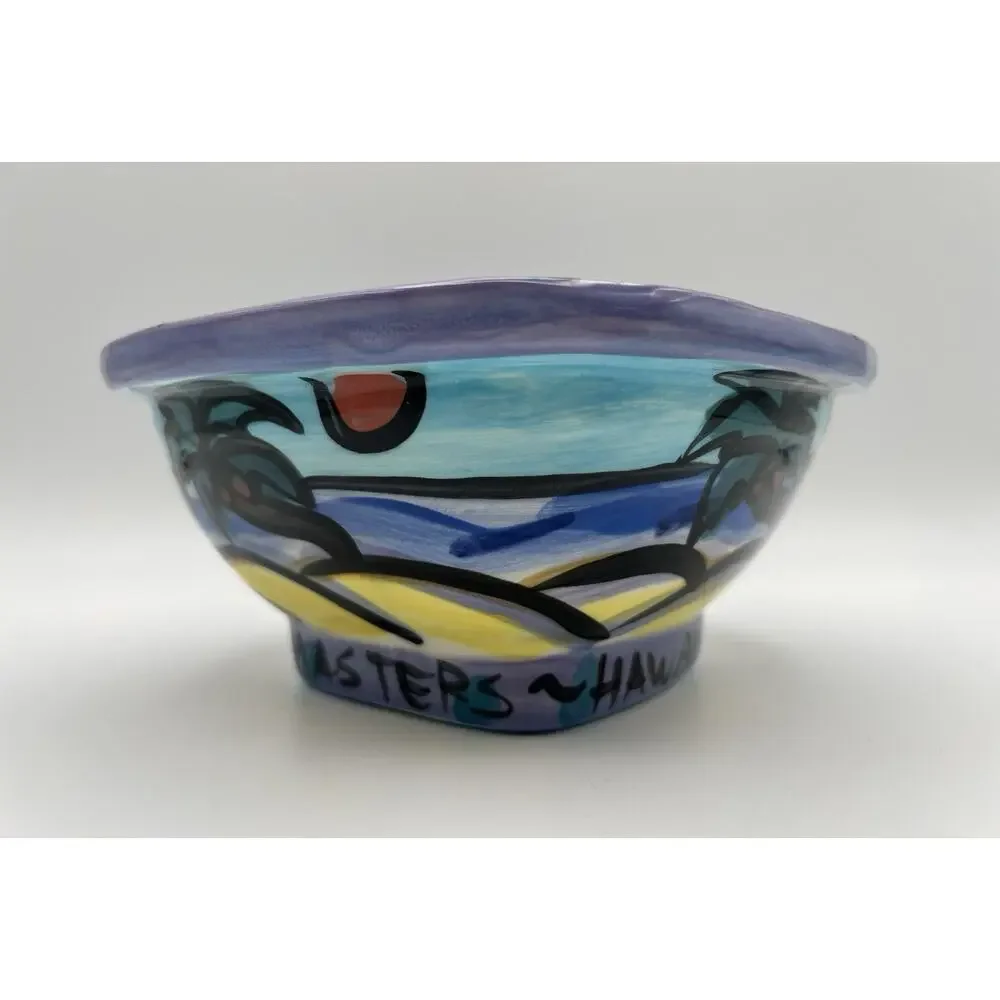 Hawaiian Hand Painted Square Pottery Bowl 8” Signed Kauai Masters 1997 Vintage